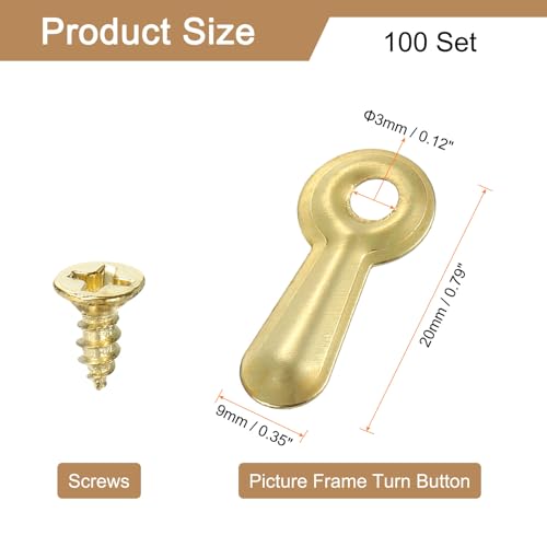 Image of uxcell 100Pcs Picture Frame Turn Button, Frame Backing Fasteners with 100Pcs Screws, Frame Hardware for Hanging Pictures Photos, Gold