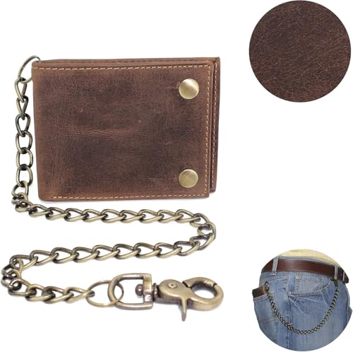 Chain Wallet for Men with Two Snaps RFID Blocking Crazy Horse Leather Bifold Wallet for Biker 18' inch Long Chain (With Chain, Rustic Brown)2