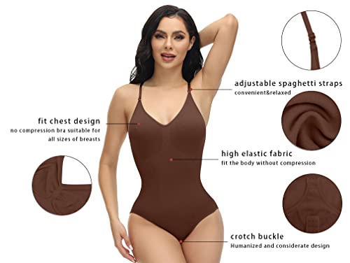 Hyz Women's Two Piece Bodysuit V Neck Sleeveless Slim Full Body Shapewear Thong Leotard Tops Black Brown #TOP4