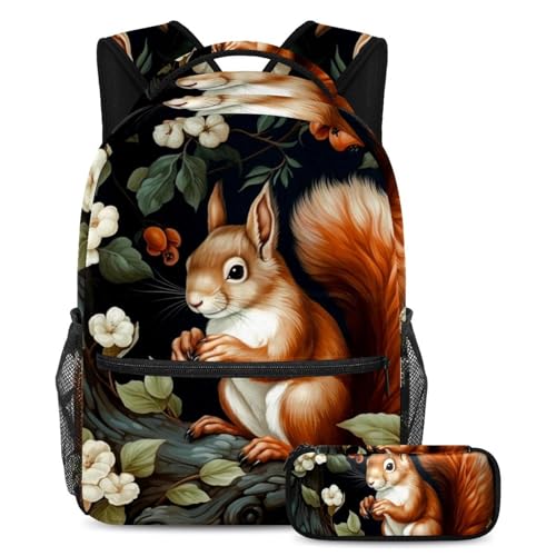 Sac à dos écureuil imprimé mignon grand format avec sa trousse assortie zippée