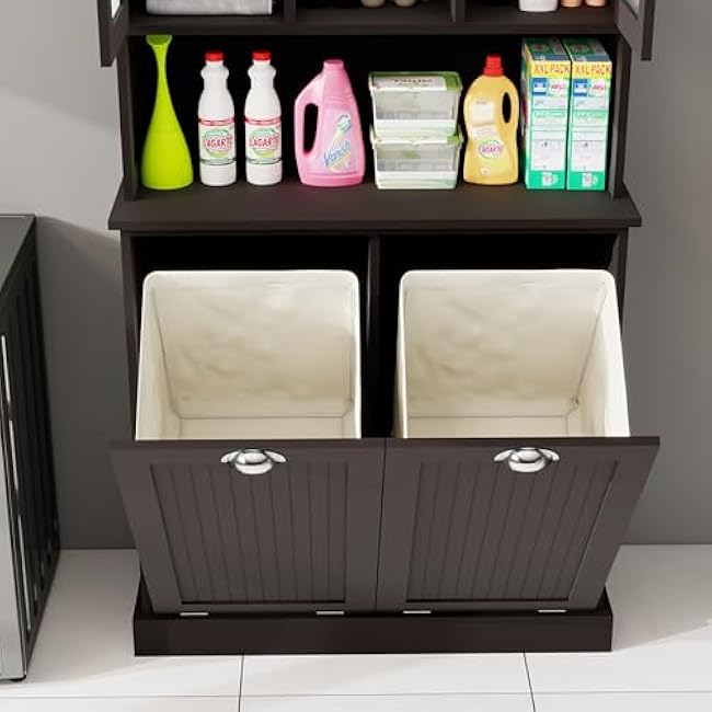 Tilt-Out Laundry Hamper Cabinet with Glass Doors ¨C 60¡± Tall Bathroom Storage Organizer, 2 Pull-Out Baskets, Adjustable Shelves, Fits Bathroom & Balcony (Black)