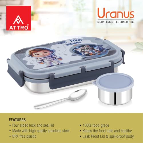 Image of ATTRO Prime Uranus Lunch Box with Ben Water Bottle, School Tiffin Combo, Blue Grey