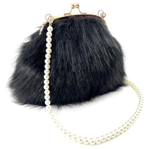 Pearl Chain StrapFaux Fur Evening Handbags Fuzzy Satchel Style Purse Fashion Clutch Handbag Shoulder Vintage Bags for Women [Black] Cover