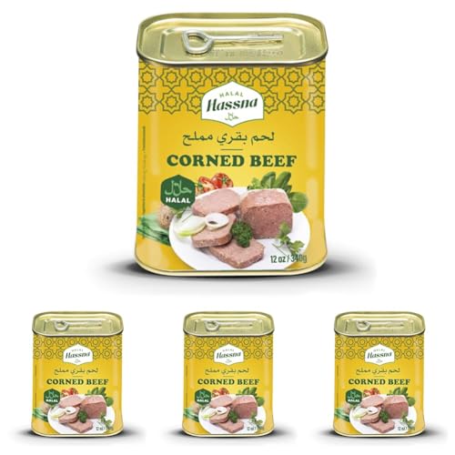 HASSNA - CORNED BEEF HALAL 340g - Riche en protéine - Fabriqué en France - Aide Culinaire - Longue Conservation - Certification HALAL HQC (Lot de 4)