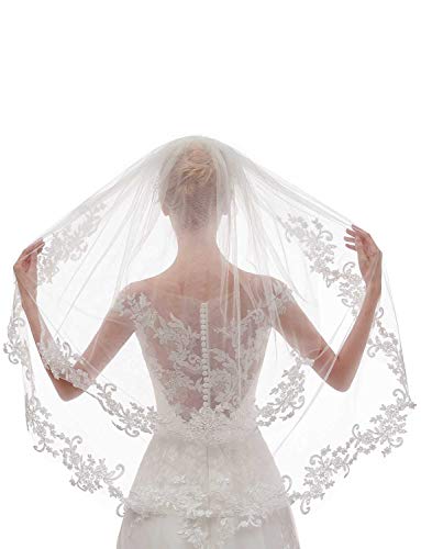 Elliehouse Women's Short 2 Tier Lace White Wedding Bridal Veil With Comb L24Wt #TOP1