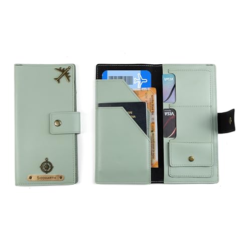 Image of AICA Personalized Name & Charm Long Leather Wallet Passport Cover (Mintgreen) with Passport, Boarding Pass, Currency, Card Slot & Coin Holder for Men & Women | Diwali Gifts for Family and Friends