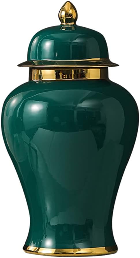 ZHOUXIAO Traditional Handmade Chinese Ceramic Ginger Jar with Lid and Gold Trim, Porcelain Temple Jar with Lid, Decorative Vase for Home Decor, Tea Cans, Storage Jars Green-M