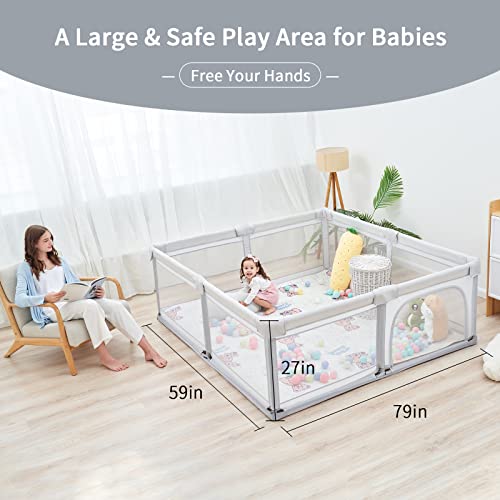 Image of Baby Playpen Foldable 79x59 Playpen for Babies and Toddlers, Adjustable Play Pen for Toddlers 1-3 Baby Fence Play Yards for Indoor & Outdoor Gate with Packing Bag, Light Grey