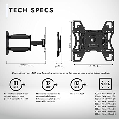 Invision Ultra Strong TV Wall Bracket Mount Single Arm Tilt & Swivel for 26-60 Inch LED LCD OLED 4K HDR Smart Flat & Curved Screens - Max. VESA 400x400mm - Max Load Capacity 40kg (HDTV-L)