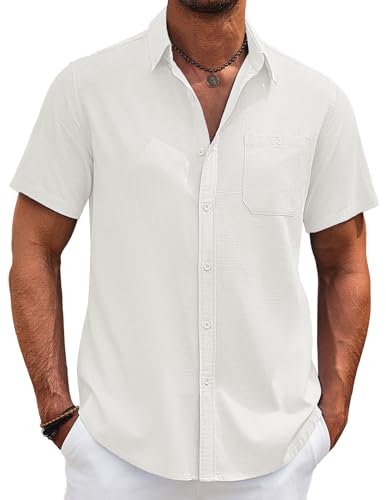 COOFANDY Men's Cotton Linen Shirts Short Sleeve Casual Shirts Summer Button Down Shirt Linen Beach Vacation Shirt