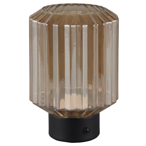 Britalia LED Matt Black & Amber Ribbed Glass Vintage USB Rechargeable Touch Control Table Desk Lamp | 19cm Height | 100 Lumen Warm White | 4 Light Settings | Modern Influence | Portable