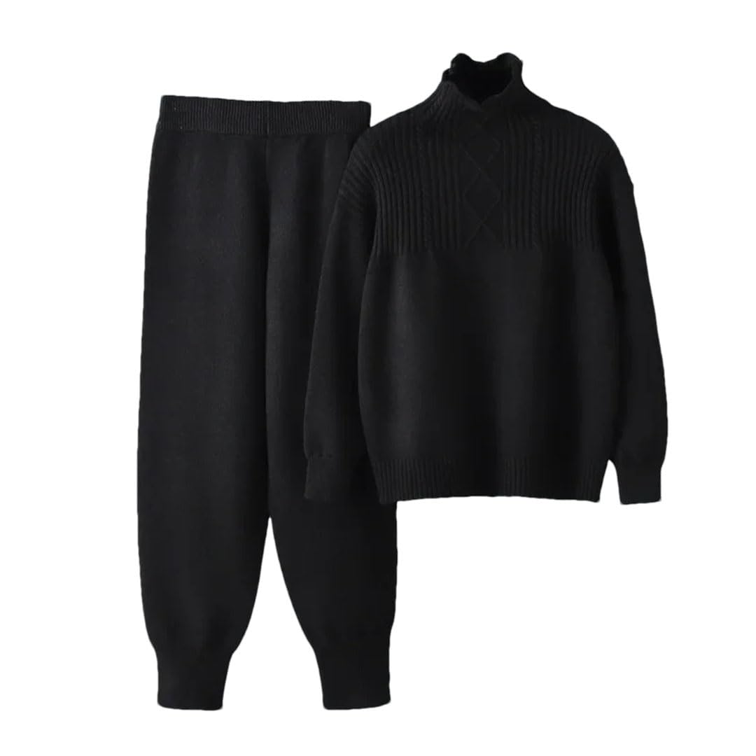 Donne Caldo Dolcevita Maglione Pullover Top Maglia 2 Pezzi Set Vita Alta Harem Pantaloni Tuta, Nero , L