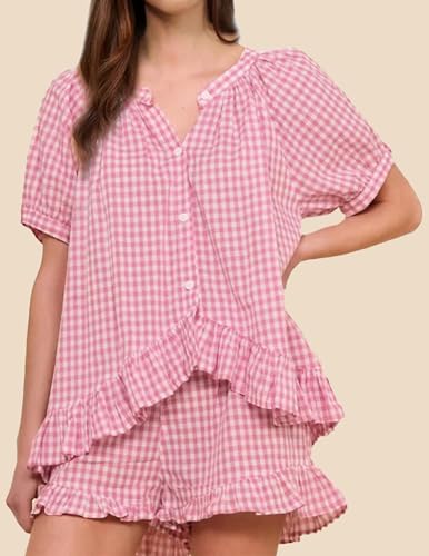 Womens 2 Piece Gingham Pajama Set Summer Outfits 2025 Cute Ruffle Pajamas Plaid Cotton Pjs Short Sleeve Matching Set2