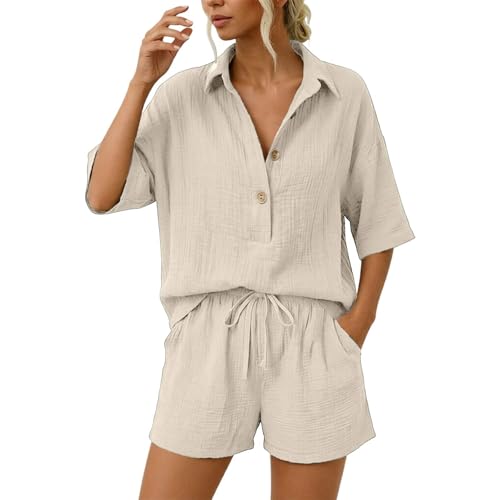 Ensemble 2 pièces femme chic éte short chemise manches courtes coton lin streetwear