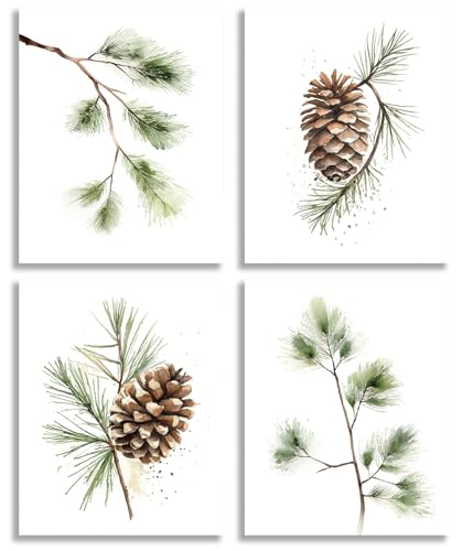 TOCDGOO Pine Cone Wall Art Prints - Minimalist Watercolor Pine Tree and Branch Canvas Posters - Abstract Botanical Decor for Home or Office - Set of 4 Unframed 8x10 Inch - Aesthetics Wall Decor