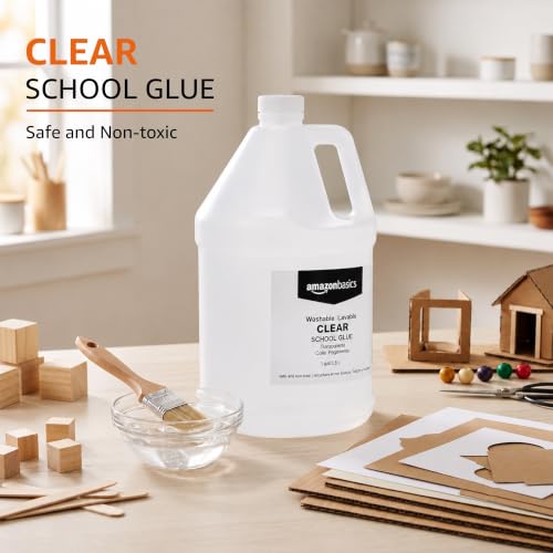 Image of Amazon Basics All Purpose Washable Clear Liquid School Glue for Making Slime, Paper, Cardboard, Wood, Craft Projects, 128 fl oz