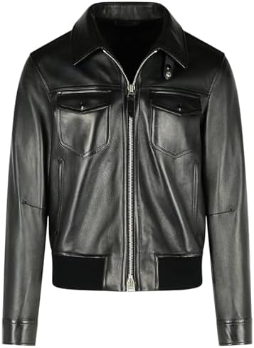Men's Genuine Leather Bomber Jacket, Classic Black Zip-Up Jacket ...