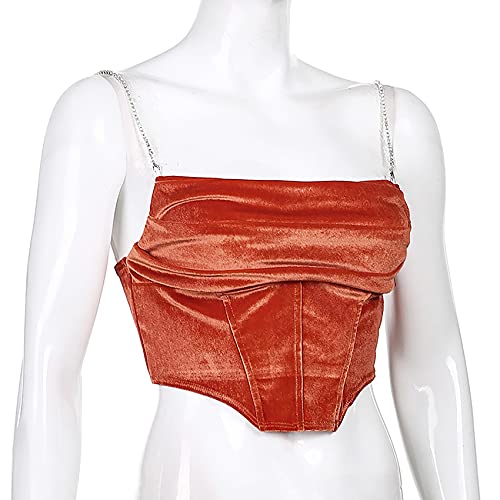 Leomoste LEYF-21042485S-01L Women Sexy Corset Crop Top Glitter Rhinestone Spaghetti Strap Bustier Tank Top Stretchy Clubwear Cami Shirt Orange thumb #6