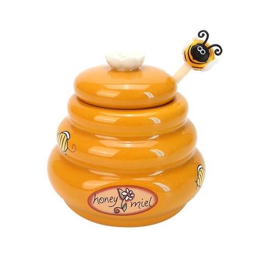 BuleVina Ceramic Honey Pot with Wooden Dipper - Small Bee Hive Jar Honey Storage with Lid Stir Bar (5 Oz) - Farmhouse Kitchen Decor, Tea Accessories, Dishwasher Safe Honey Dispenser Kitchen Supplies