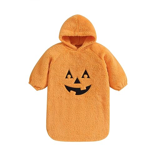 Image of Baby Halloween Costume Girl Boy Pumpkin Ghost Hoodie Fleece Jumpsuit Onesie Romper Winter Warm Clothes Outfits (Orange Long Sleeve Hoodie, 0-3 Months)