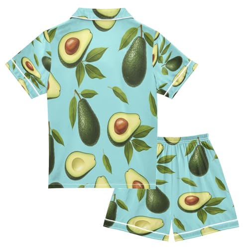 Satin Pajama Sets Short Sleeve Avocado Pattern Design Button Down Silky Nightwear 2 Piece PJS 5-14Y2