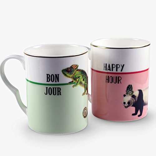 YVONNE ELLEN Set of 2 Mugs, Cups, Bone China with Gilt Gold Detail, Designed in England, Pretty Pastel Color with Quirky Pattern (Happy Hour' And 'bonjour')