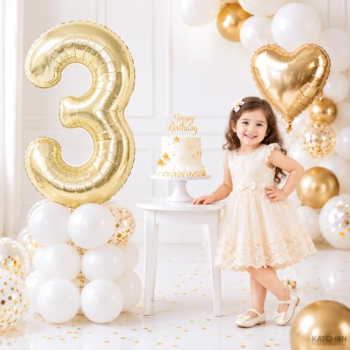 Image of KatchOn, Champagne Gold Number 3 Balloon For Birthday Decorations - 40 Inch