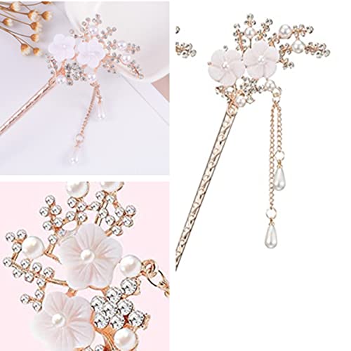 Beetoo Bastão de cabelo com flor de pérola de strass, 2 grampos de cabelo com borla chinesa, enfeite