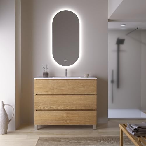 Feel Your Bath Conjunto Mueble de Baño 100 cm Madera con Encimera Cerámica Integrada y Espejo Ovalado LED Antivaho, 3 Cajones Soft Close, Lavabo Incluido, Luz Regulable y Gran Almacenaje