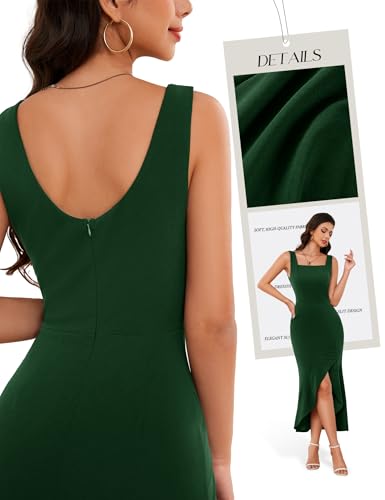 Image of Dressystar 2026 Women's Square Neck Bodycon Sleeveless Cocktail Dresses | wedding guest dresses for women, midi length, formal party dress, soft breathable stretchy material, slit ruffle hem design