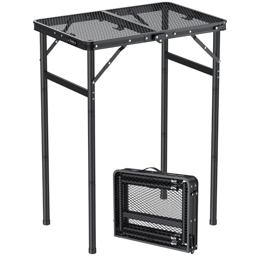 Anbte 2ft Folding Grill Table Max 74cm 3 Adjustable Heights Lightweight Camping Table with Heat-Resistant Mesh Tabletop Portable Handle Waterproof for Cooking BBQ Outdoor Indoor 60 X 40 cm Black