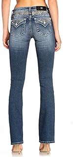 Miss Me Women's Chloe Boot Cut Jeans with Embroidered Designs on Faux Flap