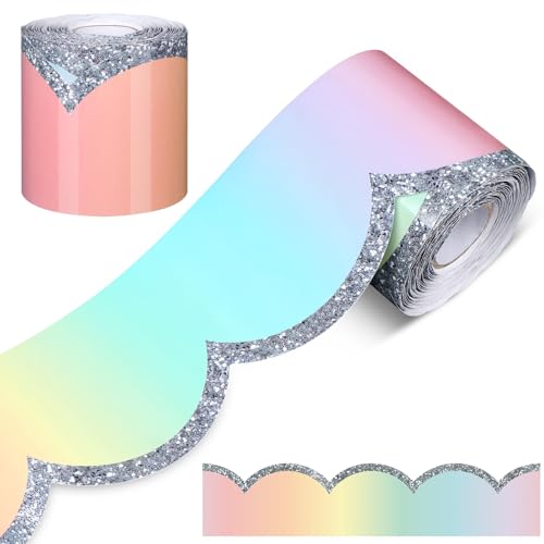 Mixweer Watercolor Rainbow Pastel Scalloped Bulletin Board Border 65.6 Feet Classroom Borders Poster Chalkboard Border for School, Classroom, Home Decoration