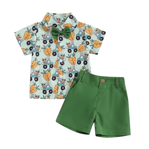 Toddler Baby Boy Easter Outfits Bunny Carrot Short Sleeve Button Down Shirt Gentlemen Shorts Suit Set Summer Clothes (Green-A, 12-18 Months)