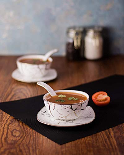 Image of Bone China Classic Abstract Luxe Gold Soup Bowl with Spoon and Saucer - 200 ml, Set of 18 / White Gold