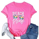 Beach Please Letter Print Tshirts Shirts for Women Tree T Shirt Summer Classic Short Sleeve Hawaii Tee Tops Travel Workout Graphic Shirt Tee Top,Pink S