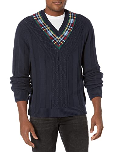 Nautica Men's Reissue Plaid Cable-Knit V-Neck, Navy, Large #TOP6
