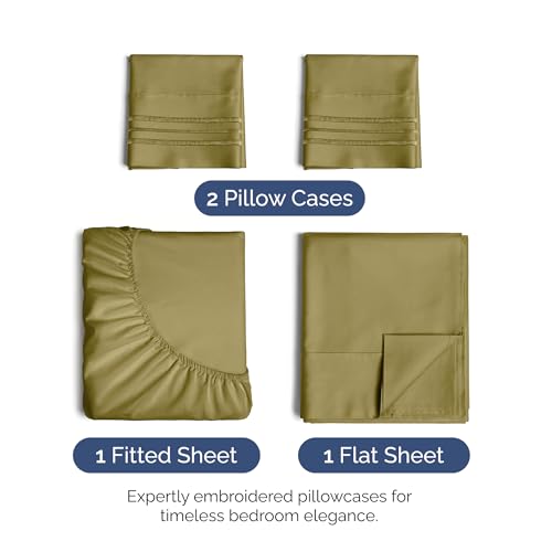 Image of Cal King Size 4 Piece Sheet Set - Soft & Cooling Bed Sheets - Olive Yellow | Fits 8 Inch to 16 inch Mattress, Wrinkle Free & Fade Resistant with Deep Pockets, Breathable, Comfy Hotel Luxury Bedding