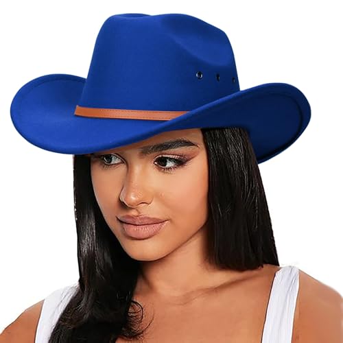 Image of DRESHOW Cowboy Hat for Women and Men Western Felt Cowboy Cowgirl Hat Wide Brim Belt Buckle Retro Fedora Hats Unisex Caps