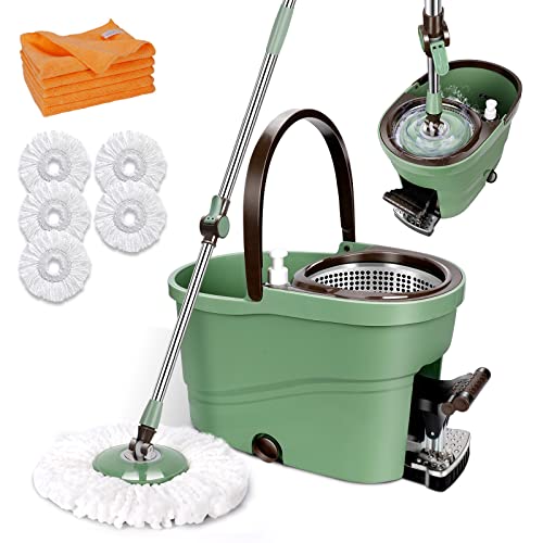 Ozd Mop And Bucket With Wringer Set, Spin Mops With Bucket And Foot Pedal, 360 Spinning Mop With 57'' Adjustable Handle, Microfiber Mops For Floor Cleaning, With 5 Washable Mop Head Refill & 5 Cloths #TOP5