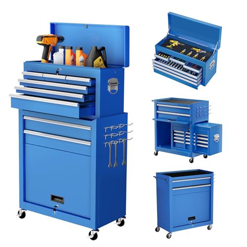 Greenvelly Metal Tool Chest,2 in 1 Detachable Rolling Tool Cart with Wheels,6-Drawer,Liners,Tool Box for Warehouse,Garage,Workshop,Barbershop(Blue)