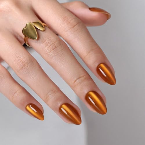 32Pcs Soft Gel Press on Nails for Women, Orange Cat Eye, Short Almond | Burnt Orange F...