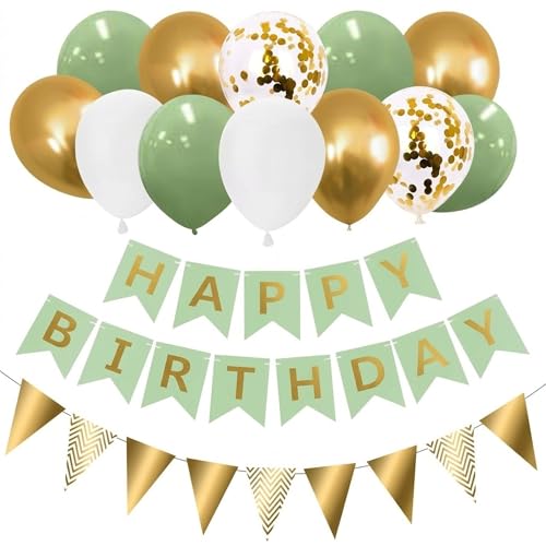 Birthday Decorations for Men & Women - Green Happy Birthday Banner Includes 12 inch Green Metallic Gold White and Confetti Balloons Birthdays Bunting Ribbon & Adhesive Hooks