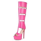 Only maker Women's Gladiator Knee High Stilettos Heels Sandals,Platform Peep Toe Back Zipper Shoes Pink US12