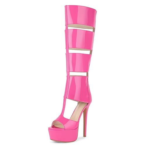 Only maker Women's Gladiator Knee High Stilettos Heels Sandals,Platform Peep Toe Back Zipper Shoes Pink US12