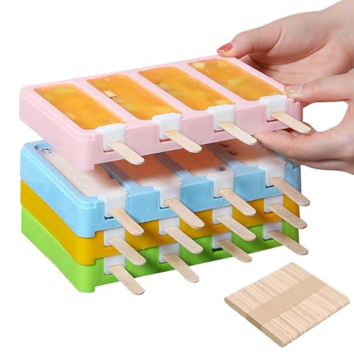 Dimoxii 4 Pcs Moules à Glace avec 200 Bâtonnets en Bois, Créateur de Mini Glaces Empilables à 4 Compartiments avec Couvercles, Bac à Glace Maison pour Enfants