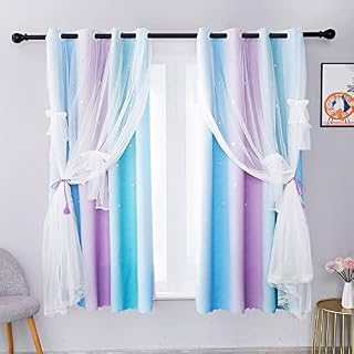 Star Curtain Blackout Curtains for Kids Girls Bedroom Living Room Double Layer Stars Curtains Elegant Drapes Star Window Curtain with Net Sheers, 2 Panels (Blue Purple, 52" W x 63" L)