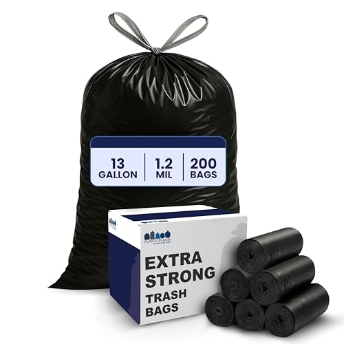 Plasticplace 13 gallon Extra Tall Drawstring Kitchen Trash Bags | Black 1.2 Mil, 24