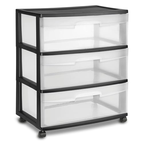 3-Drawer Black Plastic Storage Cart with Clear Sliding Drawers – Wide Organizer for Home & Office