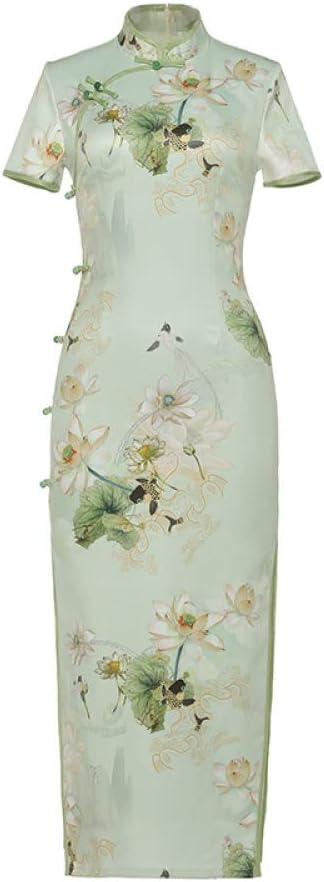 Womens Chinese Dress - Summer Lotus Cheongsam Long Qipao Dresses Woman Modern Oriental Dress Traditional Chinese